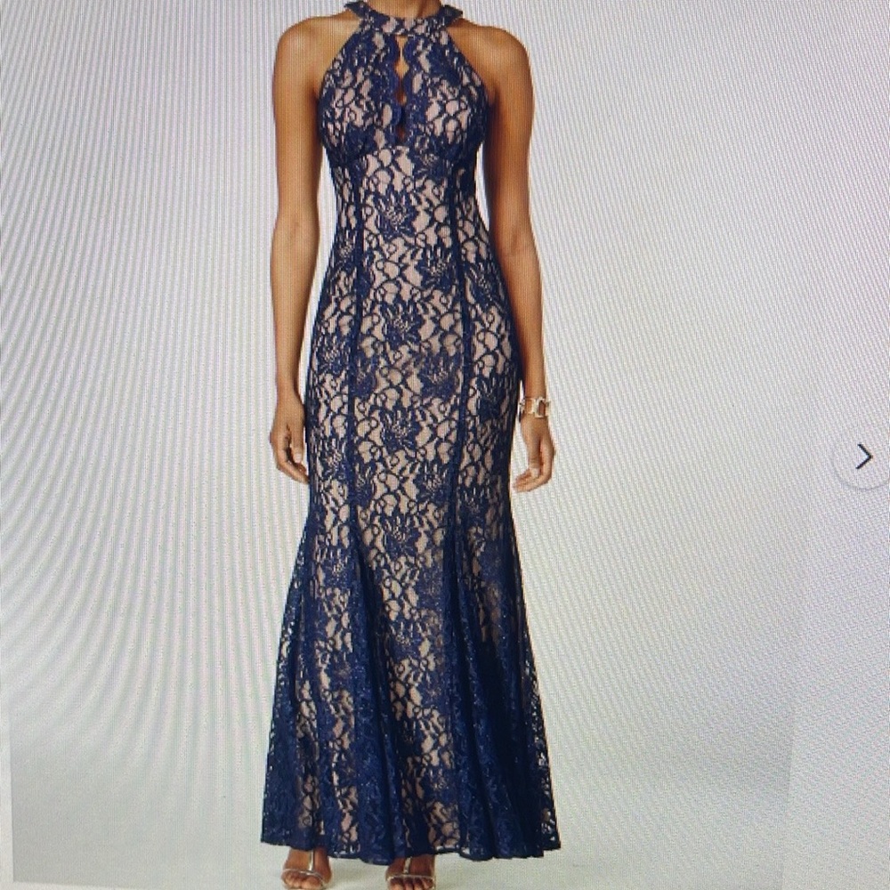 Nightway halter and keyhole lace formal dress